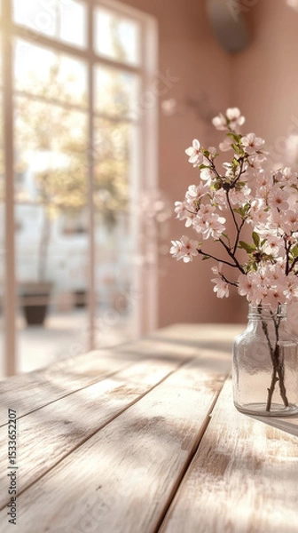 Fototapeta Glass vase with delicate cherry blossoms sits on sunlit wooden table, creating serene and peaceful atmosphere in softly lit room