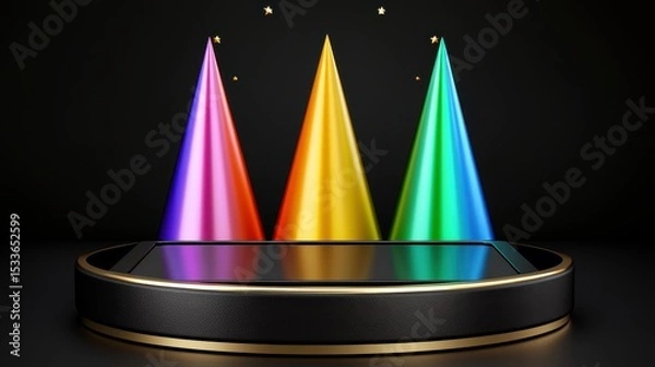 Fototapeta Iridescent Cones on Black Platform Modern Minimalist Product Display
