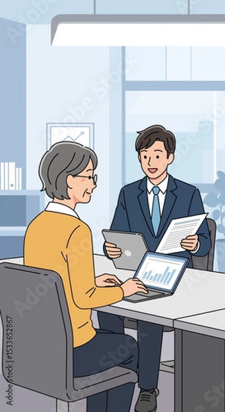 Fototapeta Financial Consultation with Senior Client in Modern Office Setting