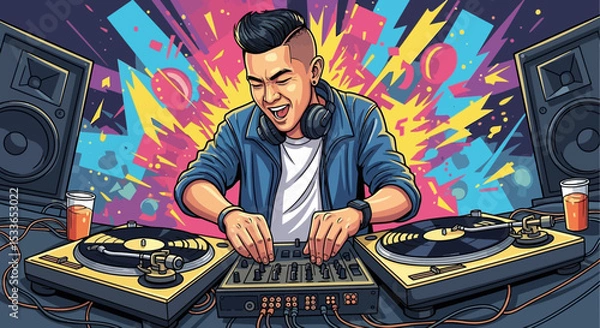 Fototapeta Energetic DJ Performing on Turntable with Colorful Party Background – Vector Illustration