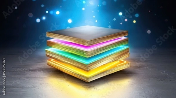 Fototapeta Layered Illuminated Cube with Neon Colors on Dark Textured Surface