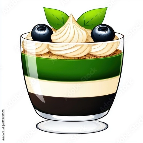 Fototapeta Layered Matcha Dessert with Whipped Cream and Blueberries
