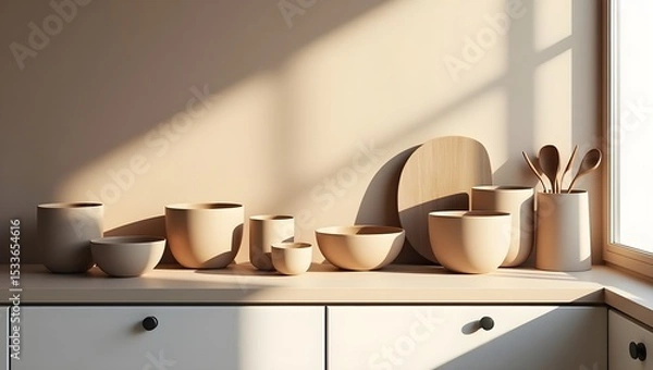 Fototapeta Scandinavian Kitchen Shelf with Ceramic Bowls and Wooden Utensils in Soft Beige Tones Under Natural Light