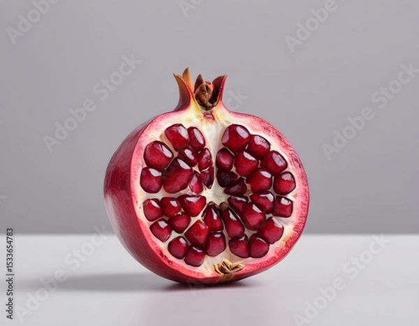 Fototapeta A red pomegranate cracked open showing the seeds inside, isolated on clean background, sharp detail