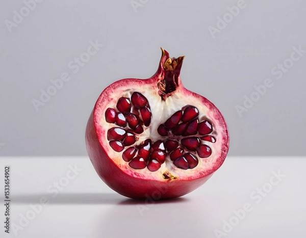 Fototapeta A red pomegranate cracked open showing the seeds inside, isolated on clean background, sharp detail