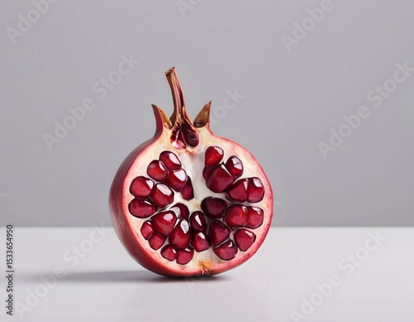 Fototapeta A red pomegranate cracked open showing the seeds inside, isolated on clean background, sharp detail