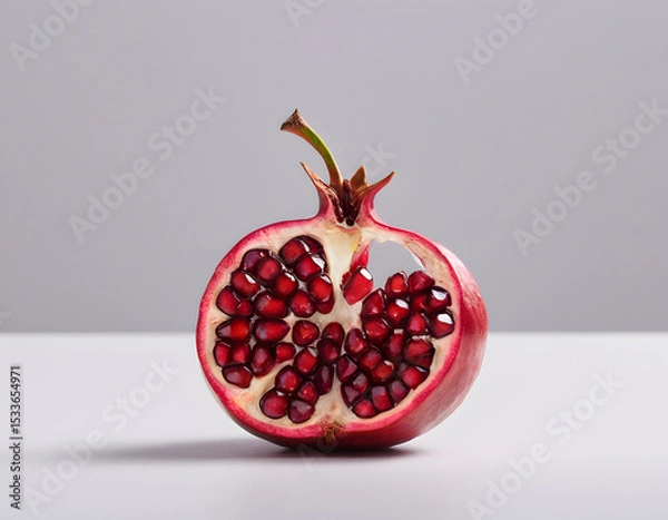 Fototapeta A red pomegranate cracked open showing the seeds inside, isolated on clean background, sharp detail