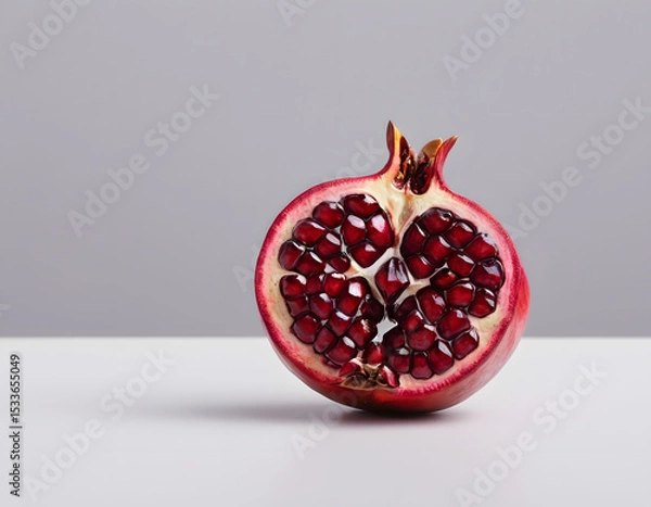 Fototapeta A red pomegranate cracked open showing the seeds inside, isolated on clean background, sharp detail