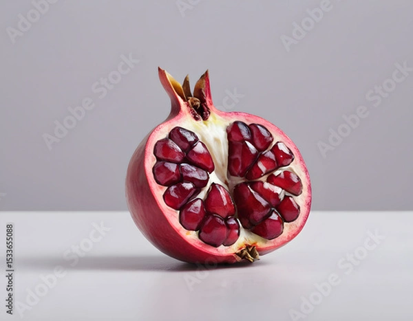 Fototapeta A red pomegranate cracked open showing the seeds inside, isolated on clean background, sharp detail