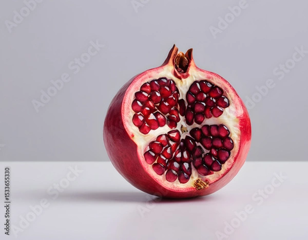 Fototapeta A red pomegranate cracked open showing the seeds inside, isolated on clean background, sharp detail