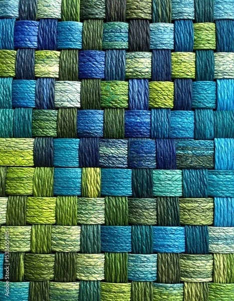 Obraz A close-up view of intricately woven fabric showcasing vibrant shades of blue and green, highlighting the texture and patterns in exquisite detail.