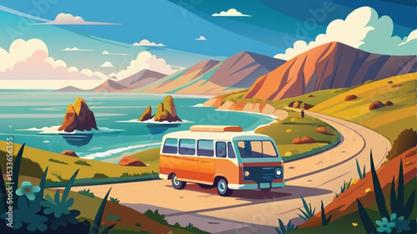 Obraz Scenic road trip illustration featuring a vintage bus traveling through a coastal landscape