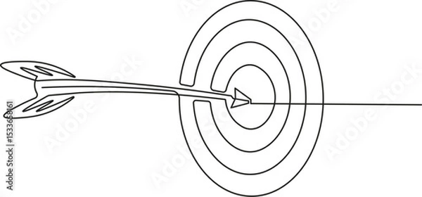 Fototapeta A dart hitting a target in continuous one line drawing style. Minimalist line art illustration of archery or darts concept representing focus and precision.