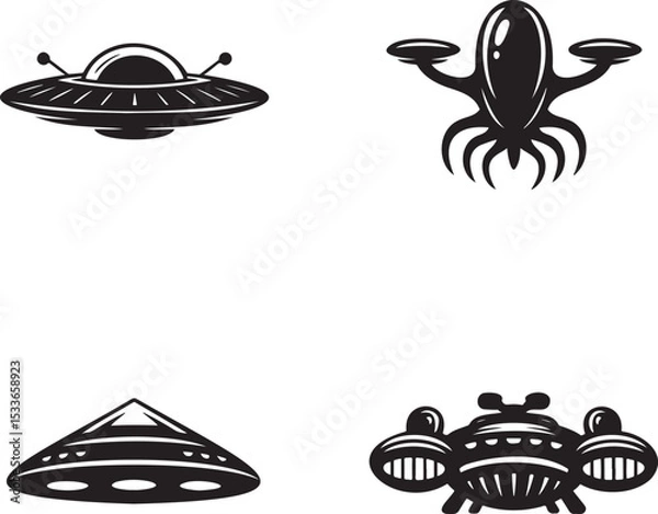 Fototapeta Alien spaceship silhouette set vector illustration isolated On Transparent Background