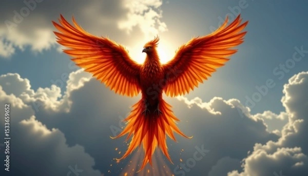 Fototapeta Fiery Phoenix Soaring Through Bright Cloudscape