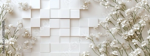 Fototapeta A minimalist backdrop of white square tiles, accented with delicate white flowers