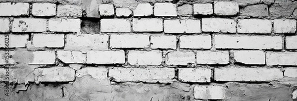 Fototapeta Gray-scale close-up of a weathered brick wall.  Mortar lines and uneven brick surfaces are clearly visible.  Sections of the wall show signs of age and decay