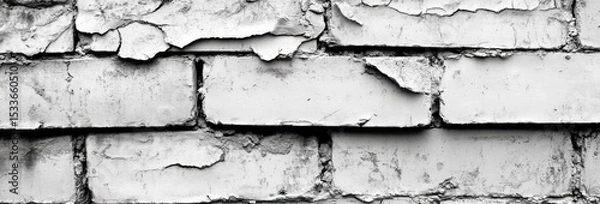 Fototapeta Weathered brick wall texture in grayscale.  Peeling paint and mortar show age and time