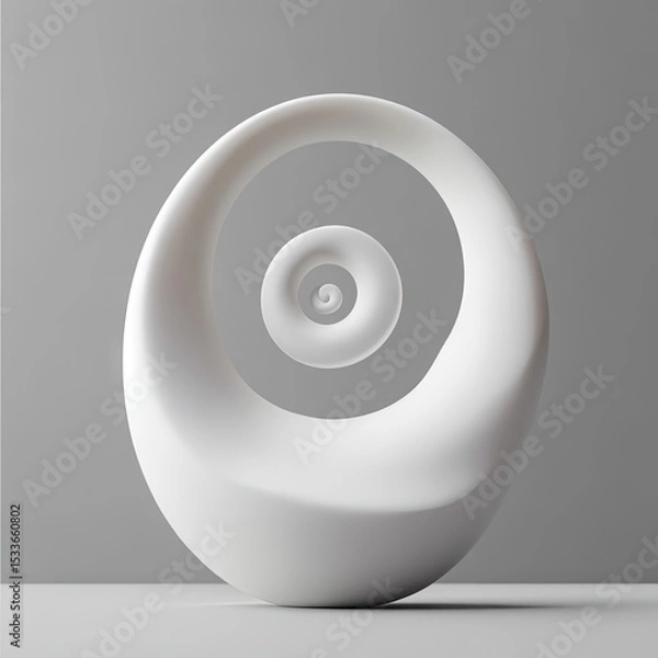 Obraz Abstract, white, sculptural form.  Oval shape with a large, smooth, open ring,  enclosing smaller concentric circles, creating depth and visual interest.  Set on a light gray base