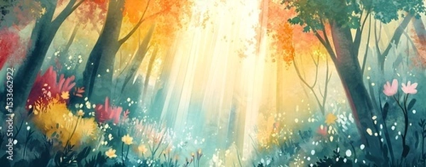 Obraz Soft Watercolor Woodland Landscape with Blooming Flowers and Mystical Sunlight, perfect for fairytale themes and nature backgrounds.