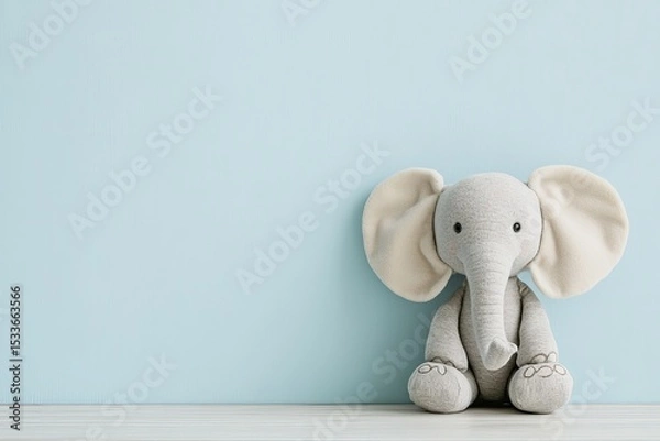 Obraz Photo of a baby nursery wall with an elephant toy and a pastel blue background, creating a simple yet charming setting for the little one's room. Web banner with copy space on the right.