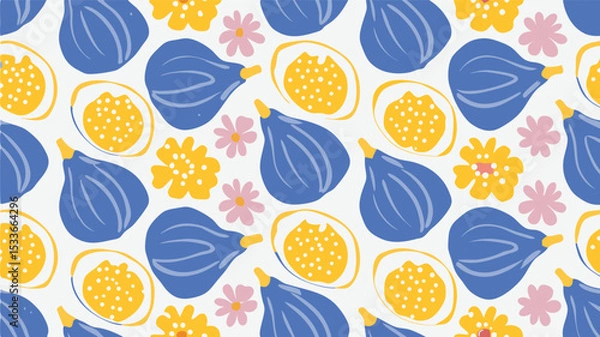 Fototapeta Seamless repeating pattern of figs passion fruit and flowers on a white background surface design