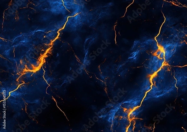 Fototapeta Abstract, dark background with swirling, luminous, vibrant orange-yellow and electric blue streaks resembling flowing lava and lightning
