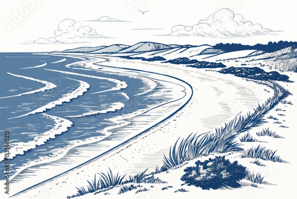 Fototapeta Create a bold, vector illustration of a long, winding shoreline with dramatic, thick strokes.  Include detailed texture.