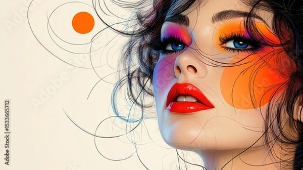 Obraz A woman with bright blue eyes and red lipstick looks off to the side, with colorful circles and swirling lines behind her.