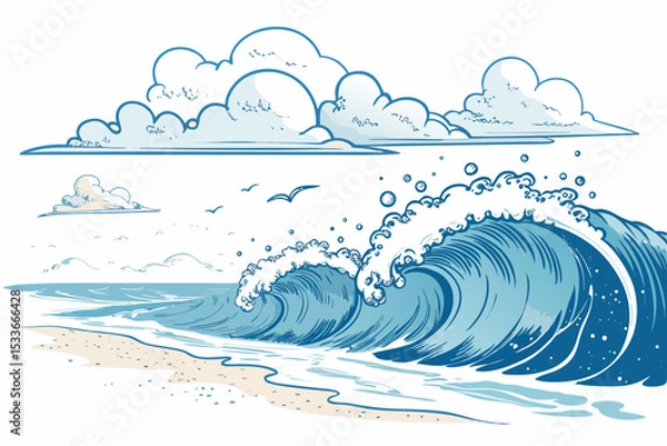 Fototapeta Create a bold, vector illustration of a beach horizon at sunset, featuring a thick, stylized stroke.  Include subtle wave details.