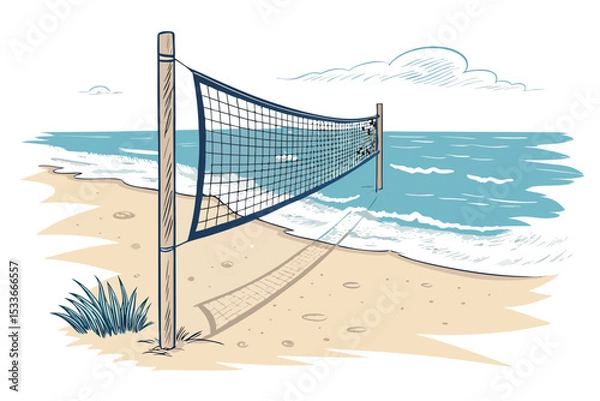 Fototapeta Create a bold, black vector illustration of a beach volleyball net, emphasizing strong lines and clean design.  Include details like the mesh and top supports.