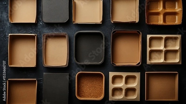 Fototapeta Collection of brown kraft paper food containers, including boxes with foldable lids and open trays, set against a clean white backdrop. Space for text placement.