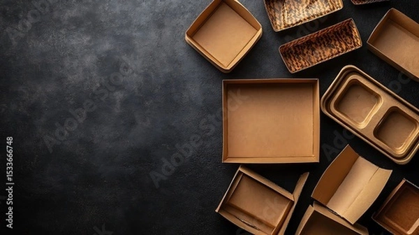 Fototapeta Collection of brown kraft paper food containers, including boxes with foldable lids and open trays, set against a clean white backdrop. Space for text placement.