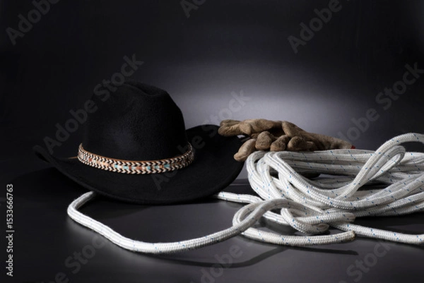 Obraz Cappello da cowboy, corda e guanti su sfondo nero.