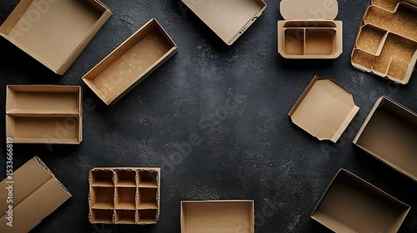 Fototapeta Collection of brown kraft paper food containers, including boxes with foldable lids and open trays, set against a clean white backdrop. Space for text placement.