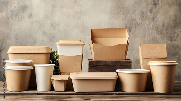 Fototapeta Collection of brown kraft paper food containers, including boxes with foldable lids and open trays, set against a clean white backdrop. Space for text placement.