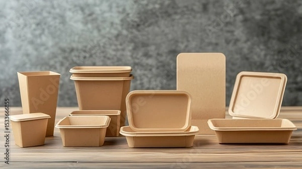 Fototapeta Collection of brown kraft paper food containers, including boxes with foldable lids and open trays, set against a clean white backdrop. Space for text placement.