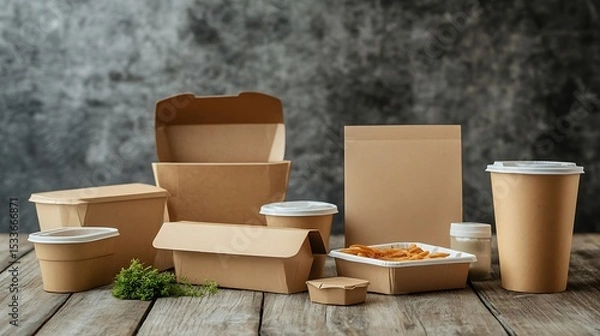 Fototapeta Collection of brown kraft paper food containers, including boxes with foldable lids and open trays, set against a clean white backdrop. Space for text placement.