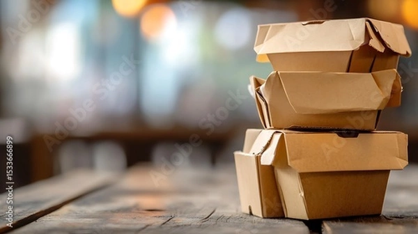 Fototapeta Collection of brown kraft paper food containers, including boxes with foldable lids and open trays, set against a clean white backdrop. Space for text placement.