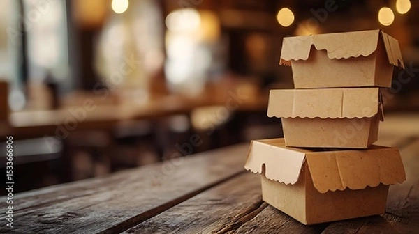 Fototapeta Collection of brown kraft paper food containers, including boxes with foldable lids and open trays, set against a clean white backdrop. Space for text placement.