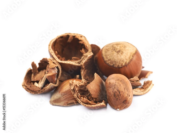 Fototapeta Pile of hazelnut shells isolated