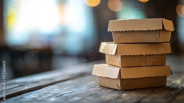 Fototapeta Collection of brown kraft paper food containers, including boxes with foldable lids and open trays, set against a clean white backdrop. Space for text placement.