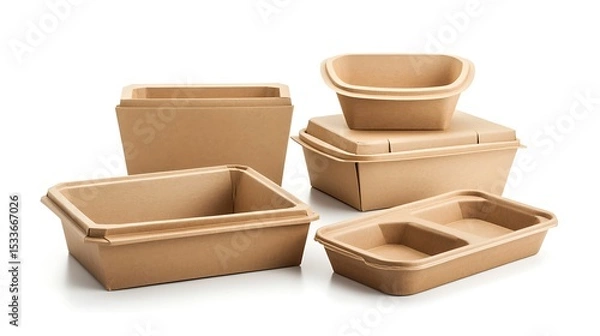 Fototapeta Collection of brown kraft paper food containers, including boxes with foldable lids and open trays, set against a clean white backdrop. Space for text placement.
