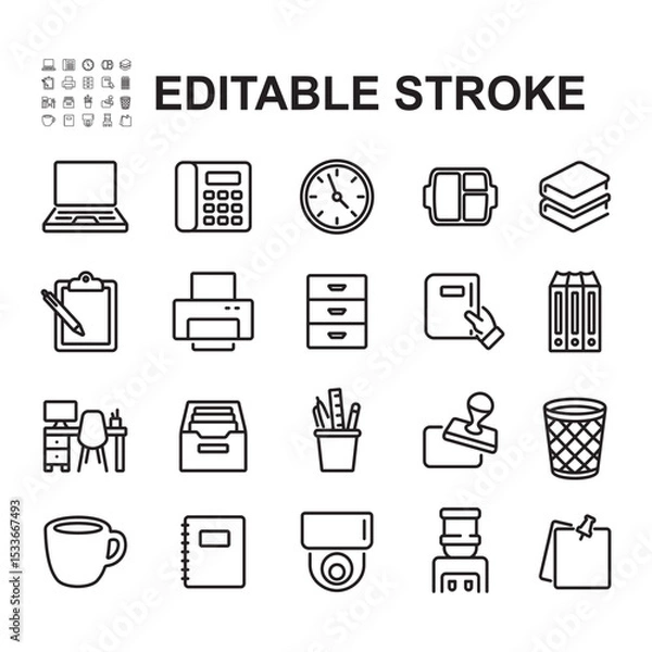 Fototapeta Collection of icons related to various objects in the office. Thin line style vectors. Contains icons such as laptop, work desk, trash can and more.