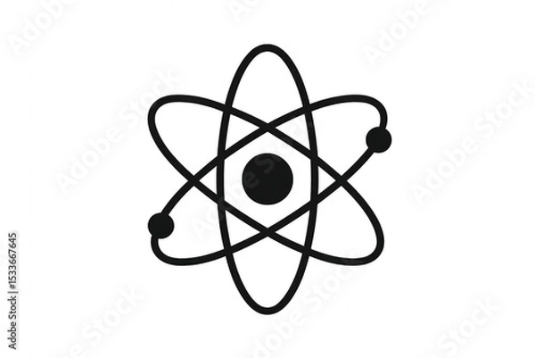 Fototapeta Atom symbol in black and white, with electrons orbiting nucleus, representing science and chemistry concepts. Isolated on transparent background.