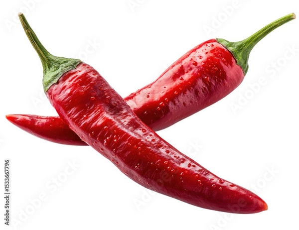Fototapeta Two fresh red chili peppers with water droplets on transparent background