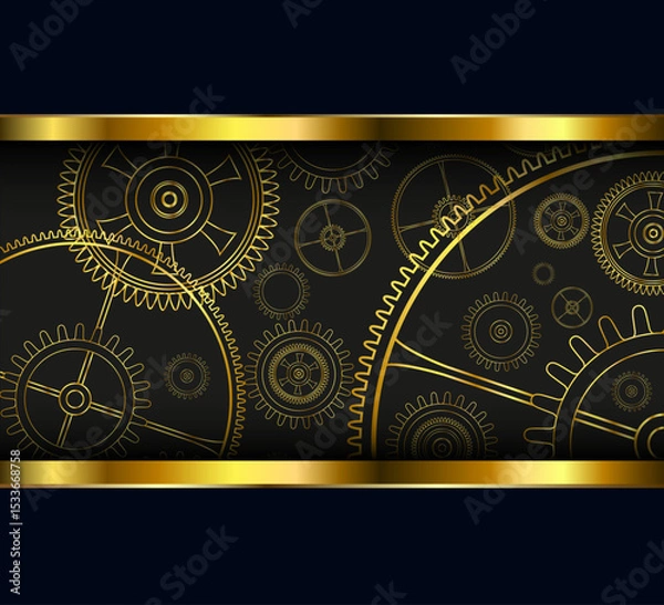 Fototapeta Technology background with gold gears and cogs on black, shiny metal 3D background.