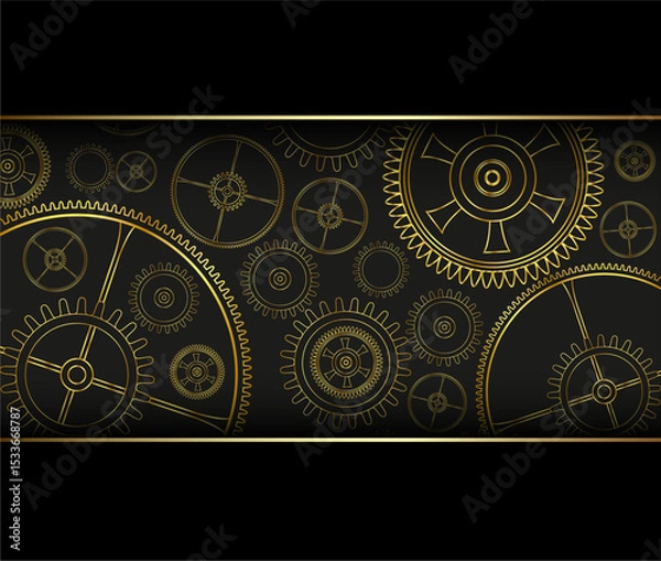 Fototapeta Technology background with gold gears and cogs on black, shiny metal 3D background.