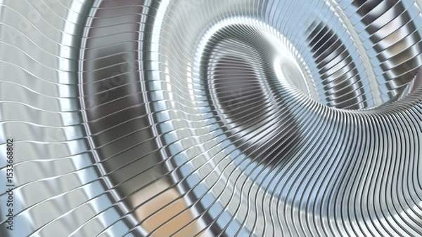 Fototapeta Abstract silver striped background, wavy chrome metal stripes pattern, interesting spiral architectural minimal wallpaper.