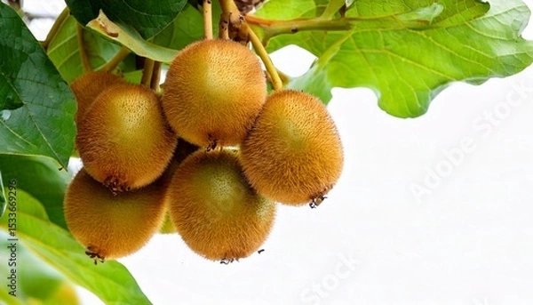 Fototapeta Kiwi fruit on a tree. using macro technique. white background. copy space